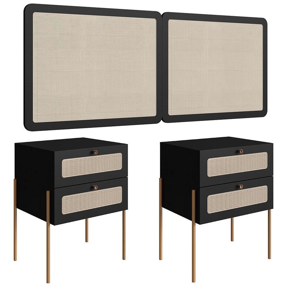 Cabeceira Casal Queen E 2 Mesas Pé Metal Arlo A10 Nero-dourado - Mpozenato - 1