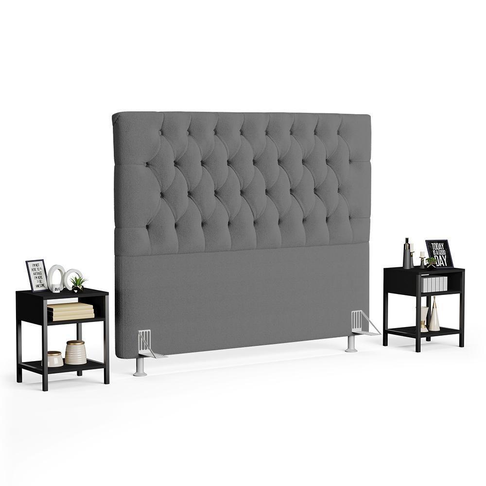 Cabeceira Casal 140cm Cristal Boucle Cinza E 2 Mesas Laterais Plaza Lc1 Preto - Mpozenato - 1
