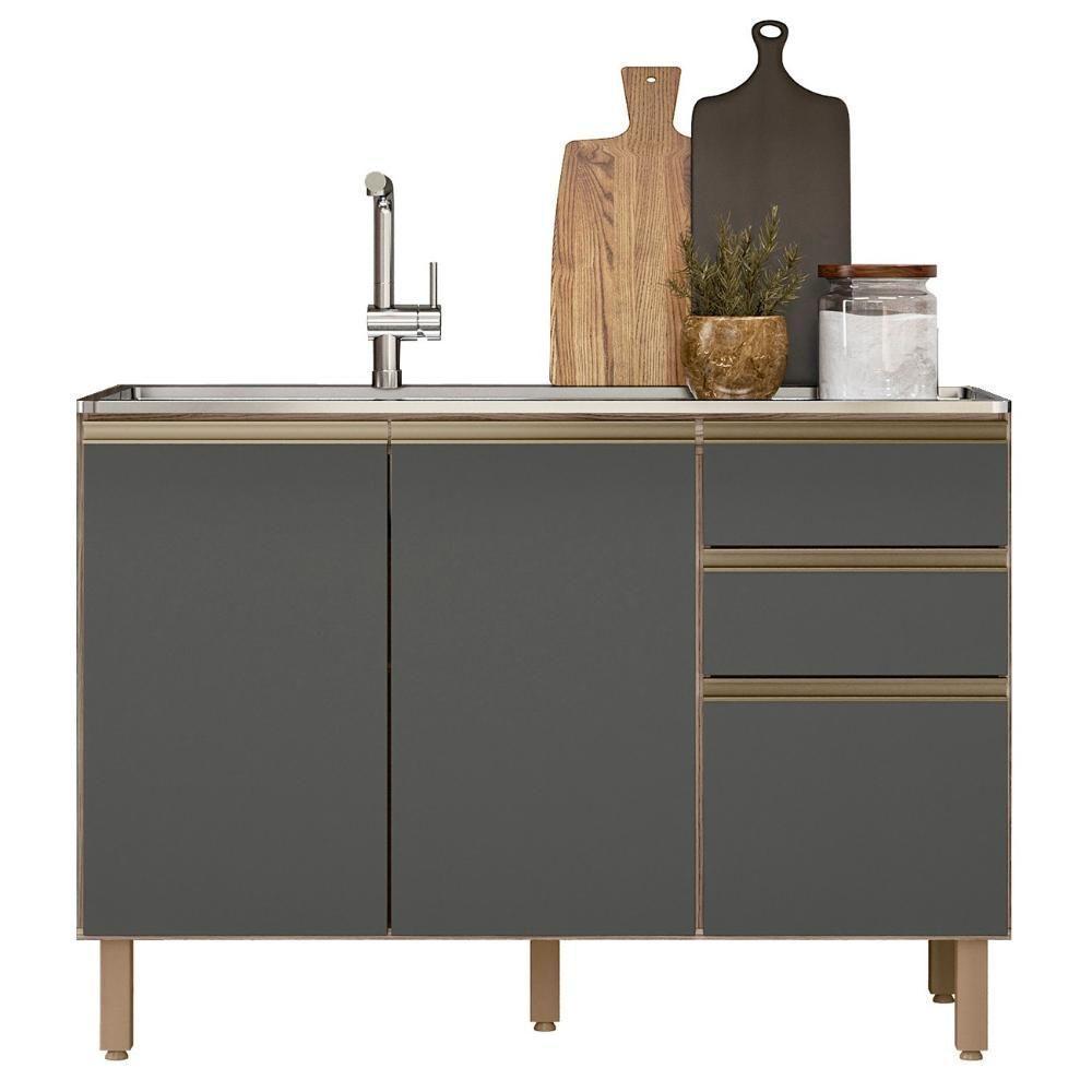 Balcão De Cozinha Com Pia Inox 120cm Maly N03 Carvalho-grafite - Mpozenato - 1