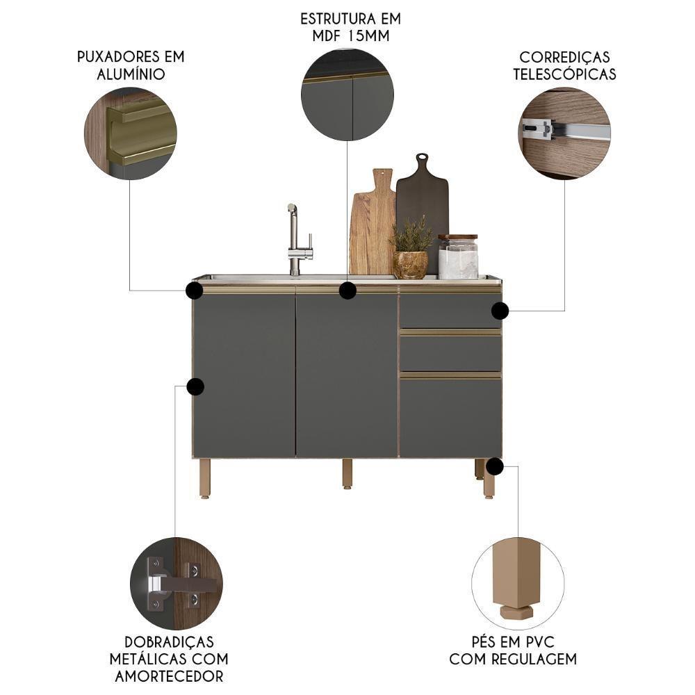 Balcão De Cozinha Com Pia Inox 120cm Maly N03 Carvalho-grafite - Mpozenato - 3