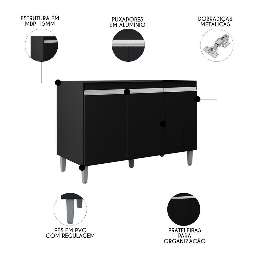 Balcão De Cozinha Com Pia Inox 120cm 3 Portas Manu Preto - Ajl Móveis - 3