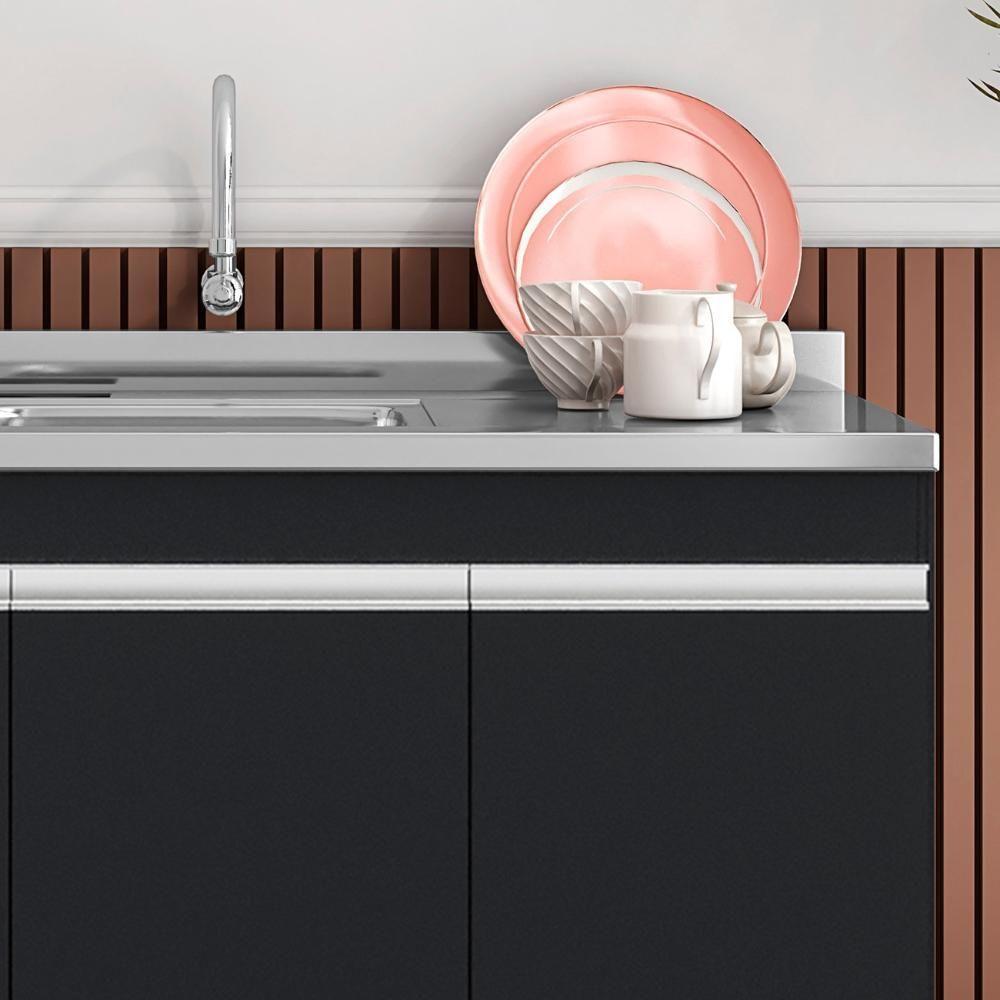Balcão De Cozinha Com Pia Inox 120cm 3 Portas Manu Preto - Ajl Móveis - 8