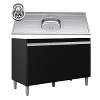 Balcão De Cozinha Com Pia Inox 120cm 3 Portas Manu Preto - Ajl Móveis - 1