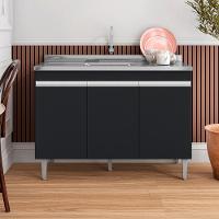 Balcão De Cozinha Com Pia Inox 120cm 3 Portas Manu Preto - Ajl Móveis - 2