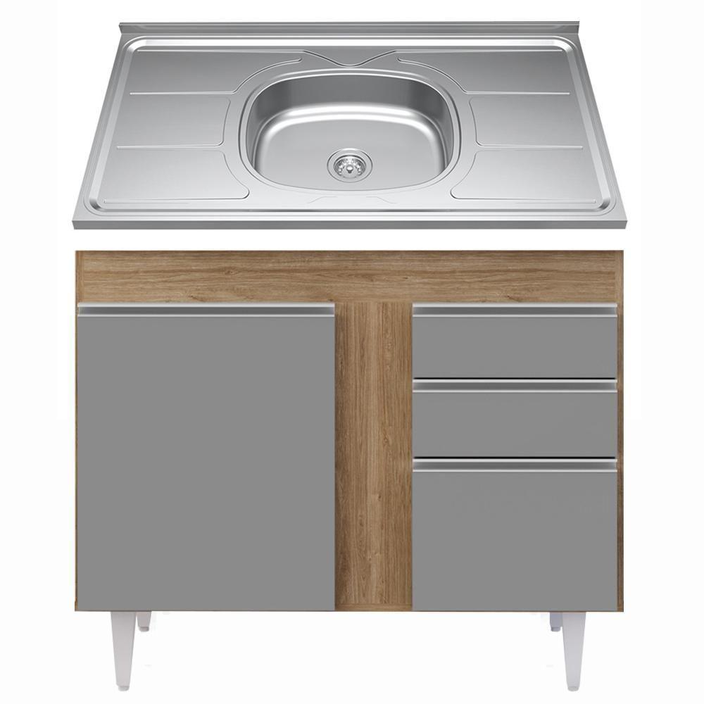 Balcão Gabinete Com Pia Inox 100cm 2 Portas 2 Gavetas Luziania Castanho-cinza - Lumil - 1