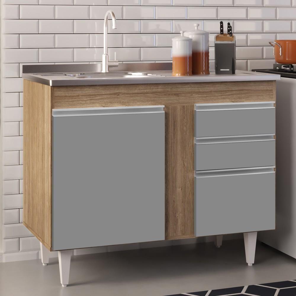 Balcão Gabinete Com Pia Inox 100cm 2 Portas 2 Gavetas Luziania Castanho-cinza - Lumil - 2