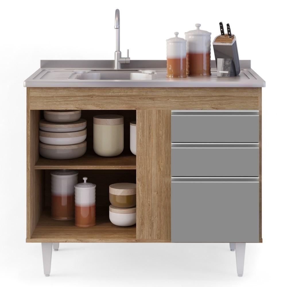 Balcão Gabinete Com Pia Inox 100cm 2 Portas 2 Gavetas Luziania Castanho-cinza - Lumil - 3