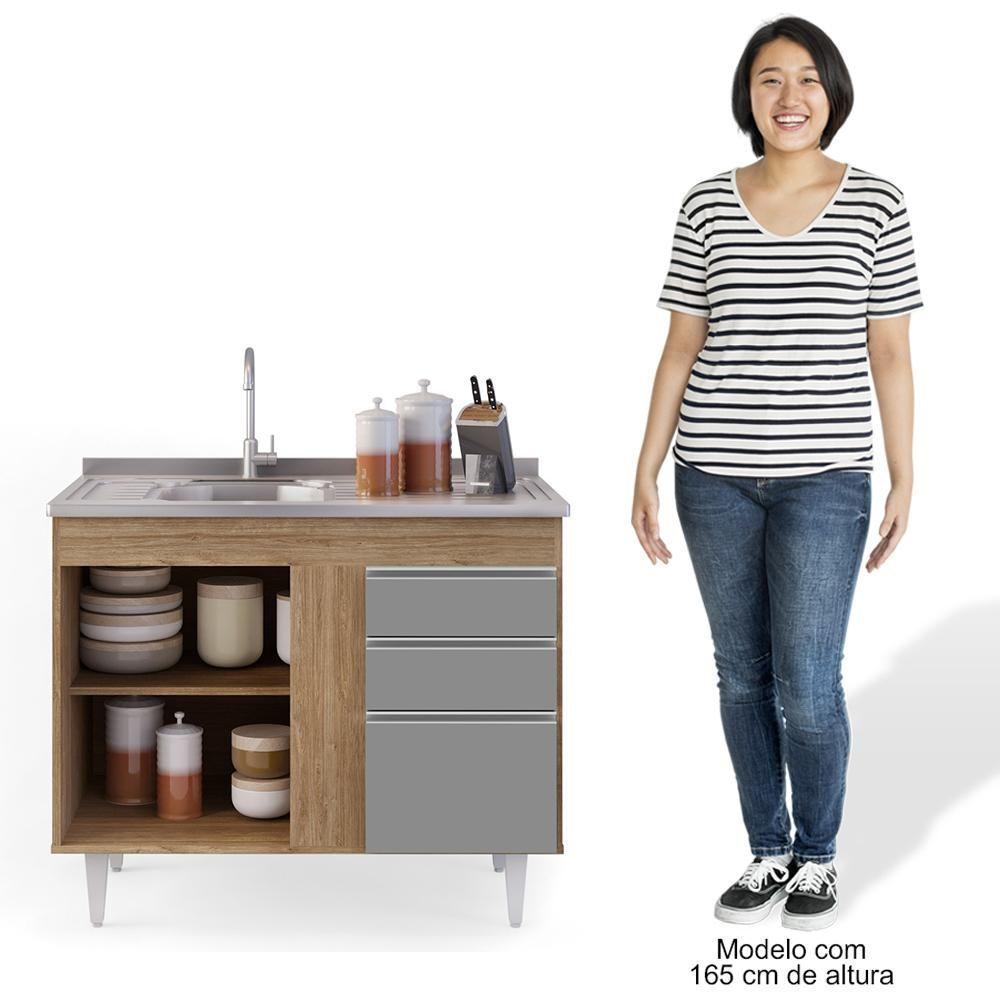 Balcão Gabinete Com Pia Inox 100cm 2 Portas 2 Gavetas Luziania Castanho-cinza - Lumil - 6