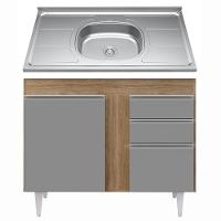 Balcão Gabinete Com Pia Inox 100cm 2 Portas 2 Gavetas Luziania Castanho-cinza - Lumil - 1
