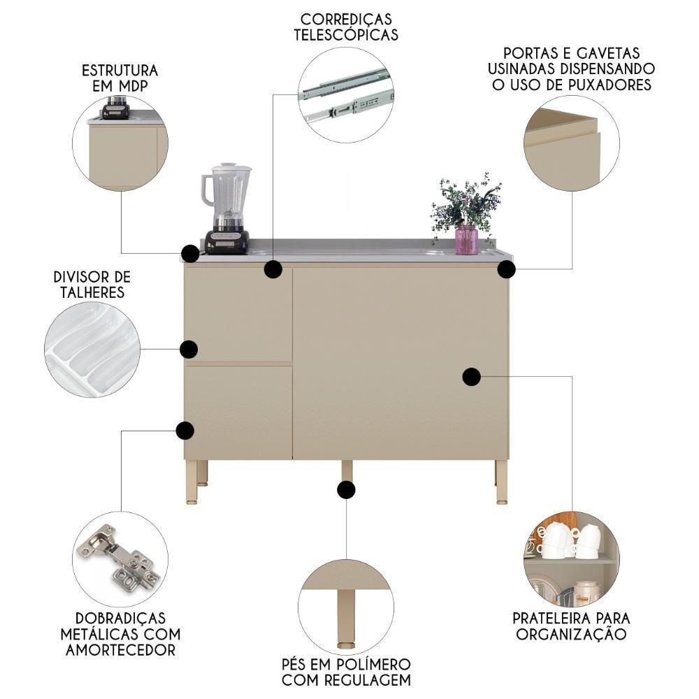 Balcão De Cozinha Com Pia Inox 120cm Minsk K02 Vanilla - Mpozenato - 3