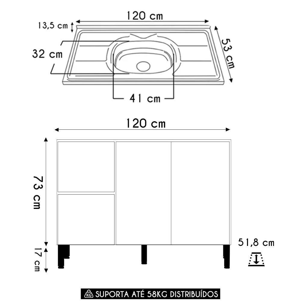 Balcão De Cozinha Com Pia Inox 120cm Minsk K02 Vanilla - Mpozenato - 4