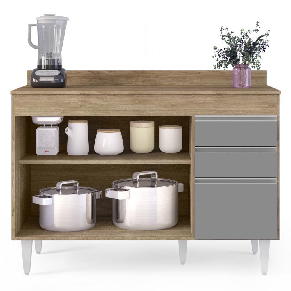 Balcão Gabinete Para Pia Com Tampo 120cm Michigan Cast-cinza - Lumil - 3