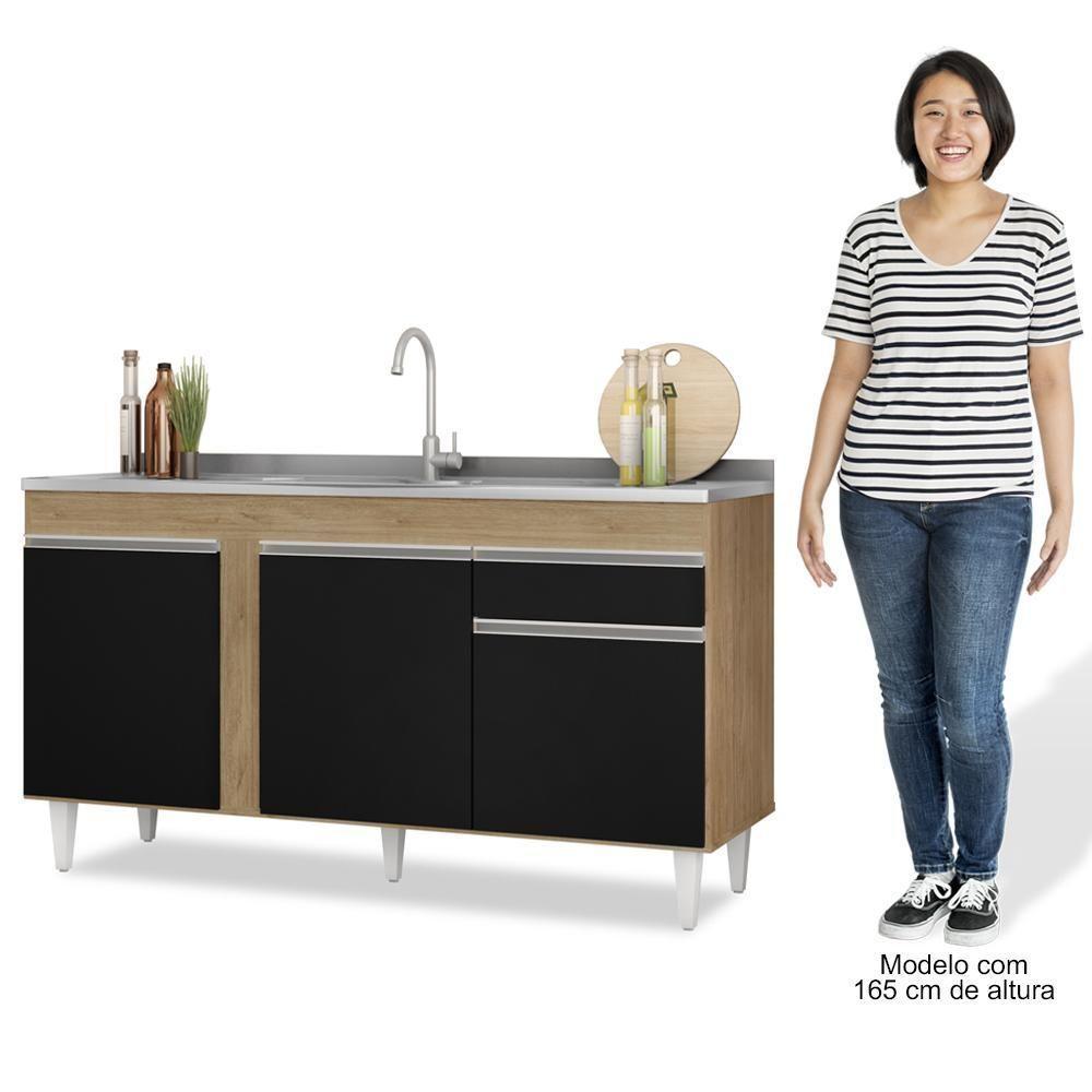 Balcão Gabinete Com Pia Inox 150cm 3 Portas 1 Gaveta Dakota Castanho-preto - Lumil - 7