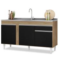 Balcão Gabinete Com Pia Inox 150cm 3 Portas 1 Gaveta Dakota Castanho-preto - Lumil - 1