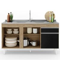 Balcão Gabinete Com Pia Inox 150cm 3 Portas 1 Gaveta Dakota Castanho-preto - Lumil - 5