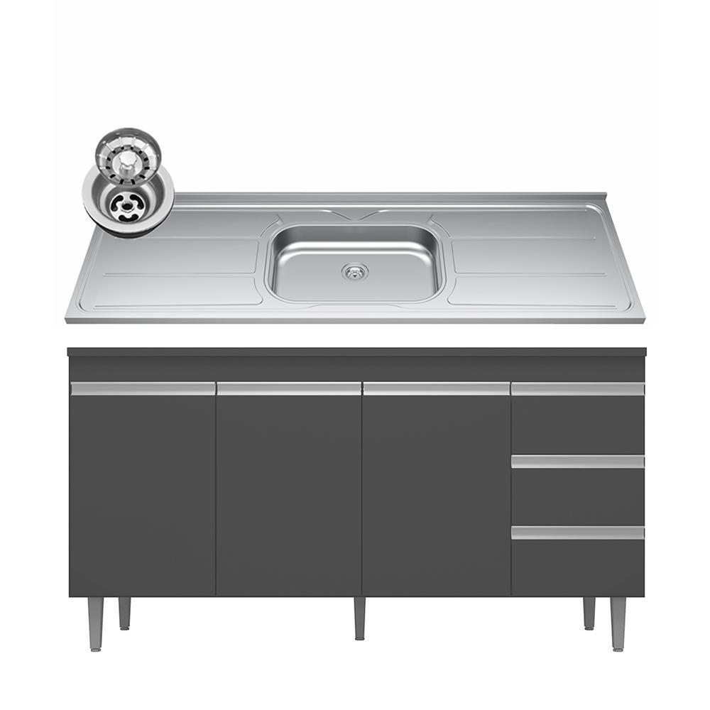 Balcão Gabinete Com Pia Inox 150cm Andréia 3 Portas Cinza - Ajl Móveis - 1
