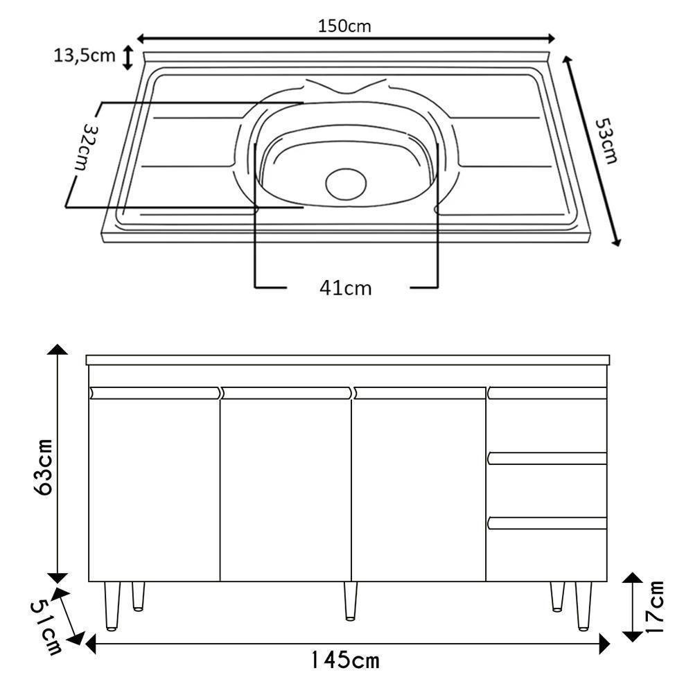 Balcão Gabinete Com Pia Inox 150cm Andréia 3 Portas Cinza - Ajl Móveis - 4