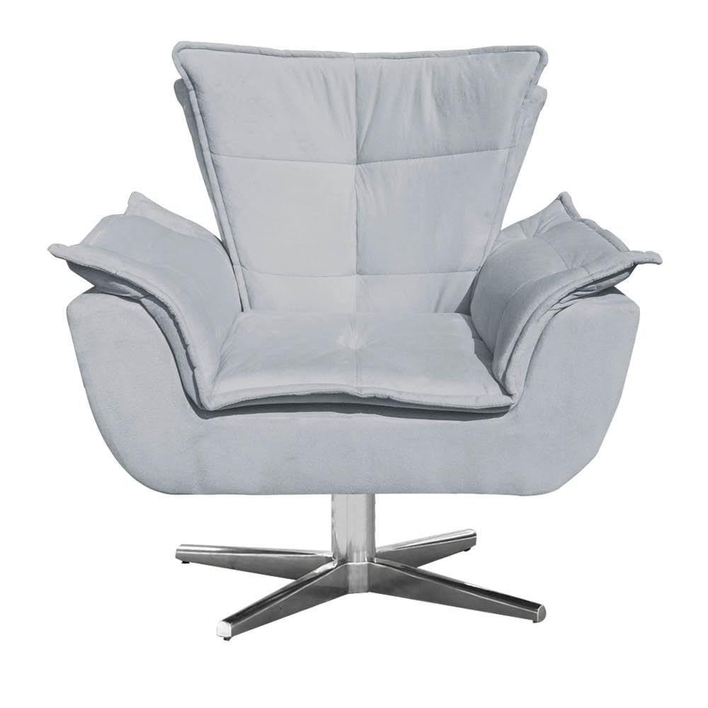 Poltrona Decorativa Sala De Estar Base Giratória Cromada Opla Suede Cinza - Ibiza - 2