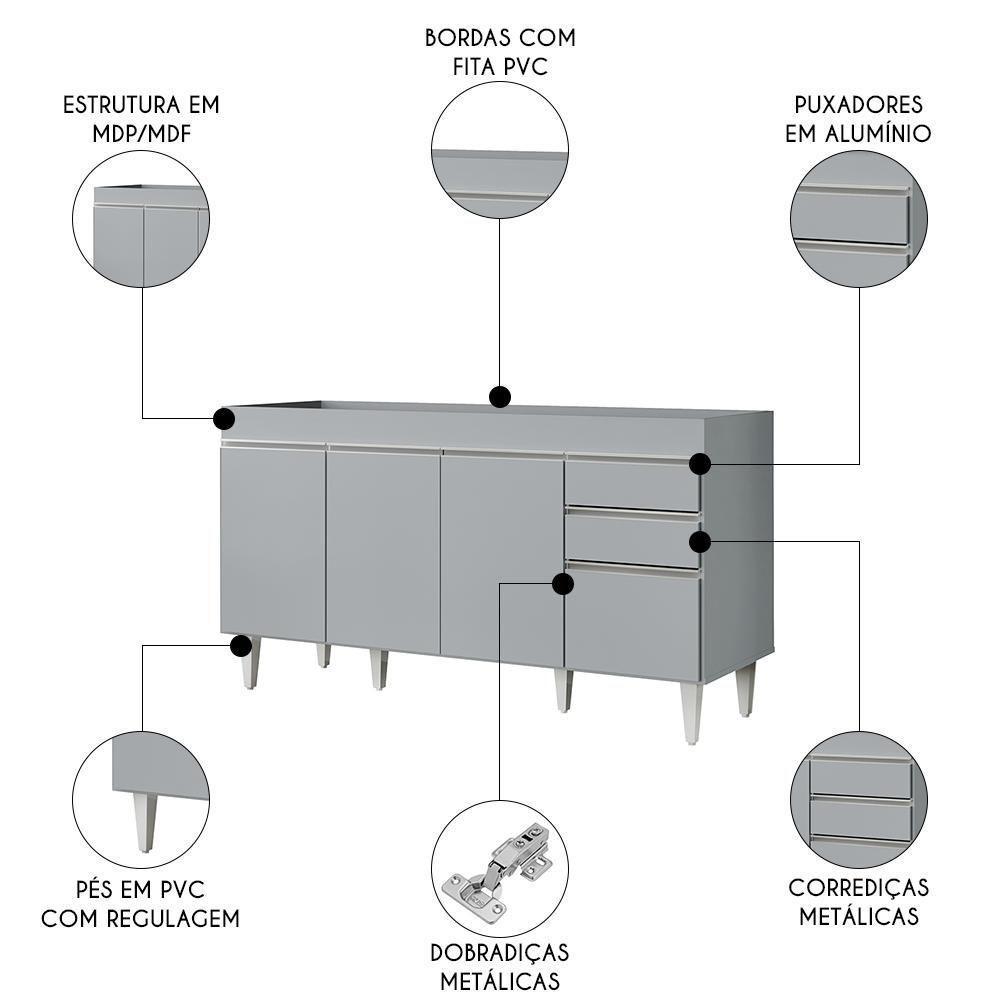 Balcão De Cozinha Para Pia 150cm 4 Portas Sem Tampo Marrocos Cinza Claro - Lumil - 3