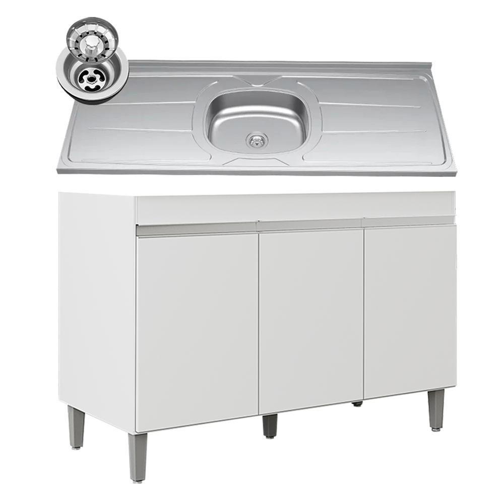 Balcão De Cozinha Com Pia Inox 120cm 3 Portas Manu Branco - Ajl Móveis - 1