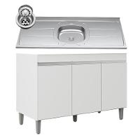 Balcão De Cozinha Com Pia Inox 120cm 3 Portas Manu Branco - Ajl Móveis - 1