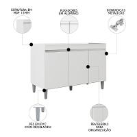 Balcão De Cozinha Com Pia Inox 120cm 3 Portas Manu Branco - Ajl Móveis - 5