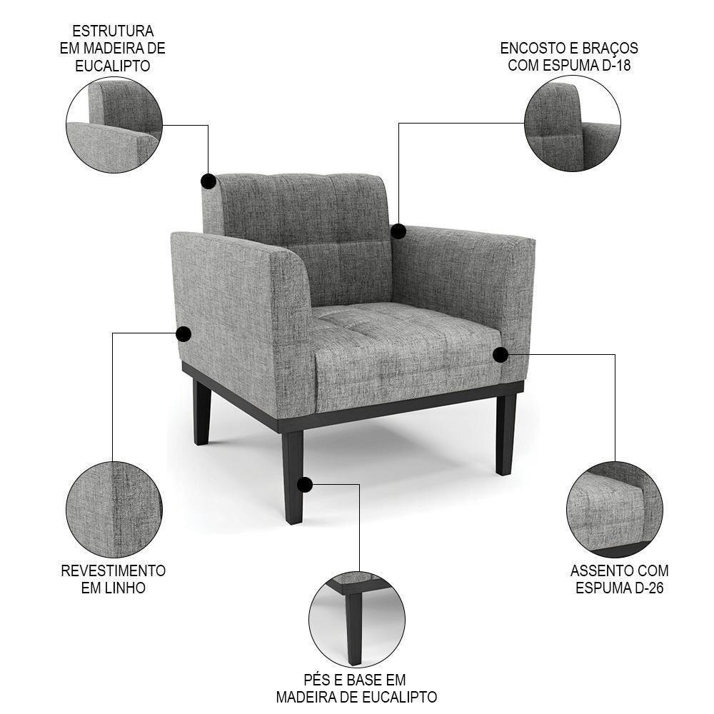 Poltrona Decorativa Base Madeira Preto Ana Linho Grafite - Ibiza - 2