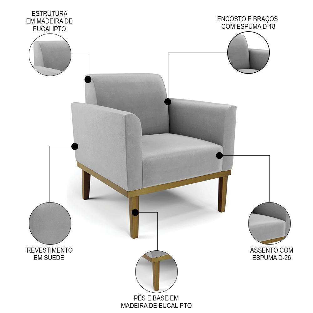 Poltrona Base Madeira Castanho Kit 2 Maressa Suede Cinza - Ibiza - 3