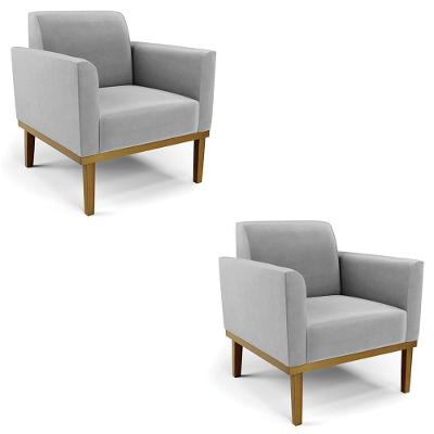 Kit 2 Poltronas Maressa Para Sala Suede Cinza Base Madeira Ibiza