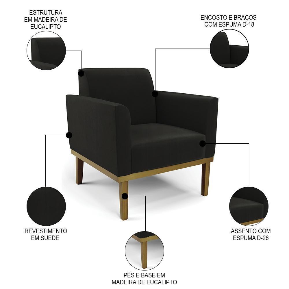 Sofá Namoradeira E 1 Poltrona Base Madeira Castanho Maressa Suede Preto - Ibiza - 3