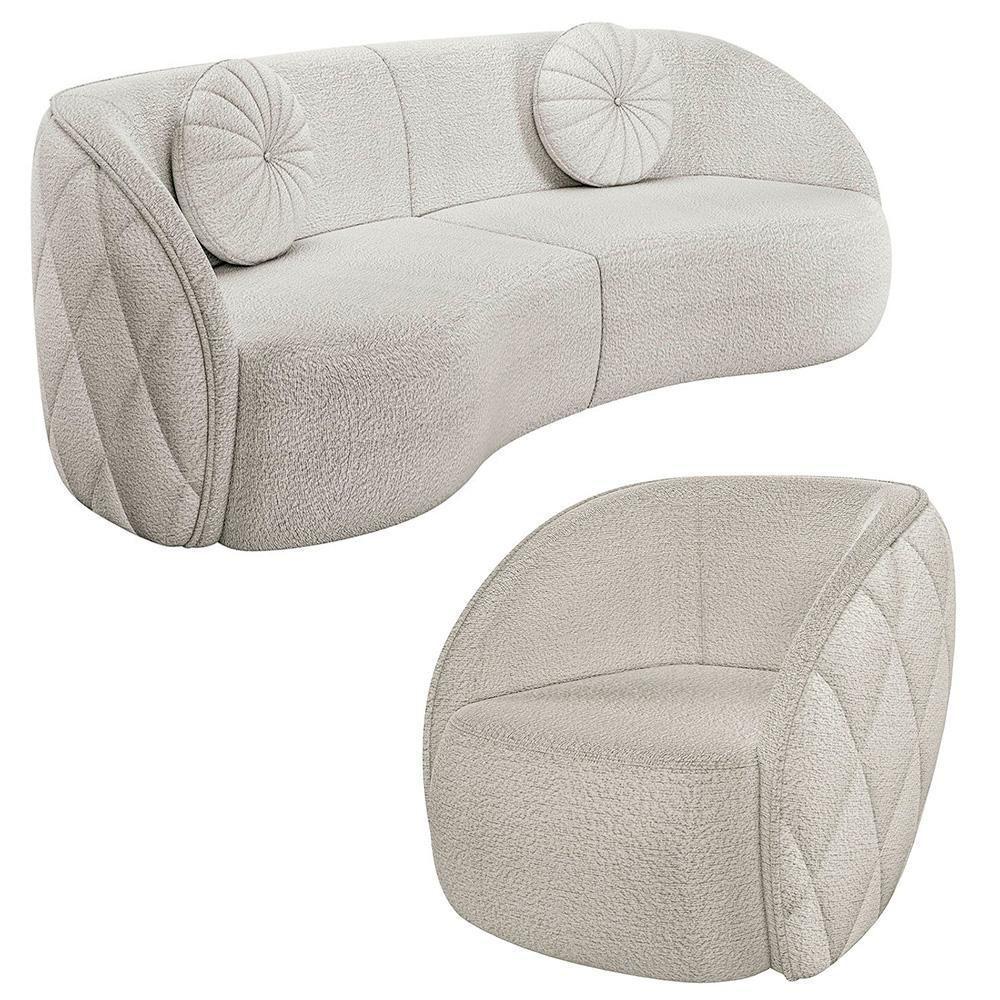 Sofá Decorativo 3 Lugares 240cm Com Almofadas E Poltrona Zion M22 Boucle Branco - Mpozenato - 1