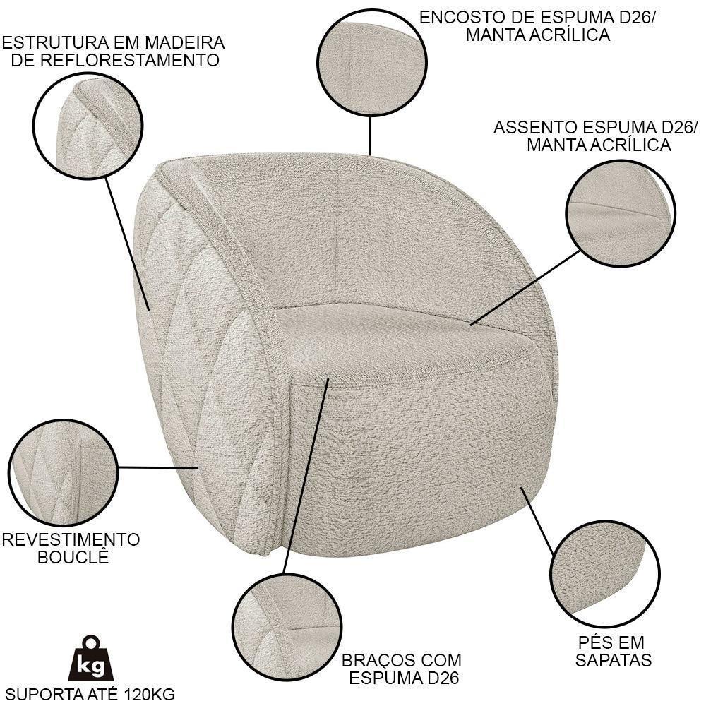 Sofá Decorativo 3 Lugares 240cm Com Almofadas E Poltrona Zion M22 Boucle Branco - Mpozenato - 8