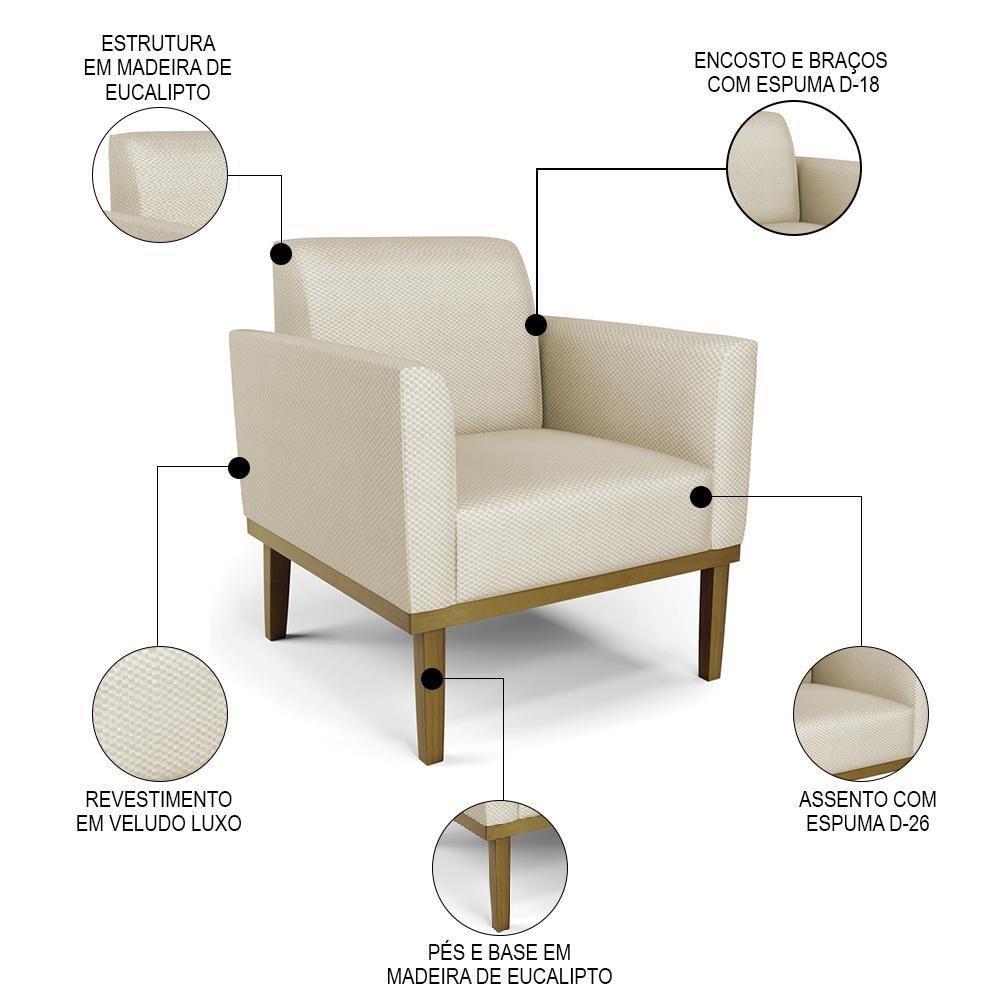 Sofá Namoradeira E 1 Poltrona Base Madeira Castanho Maressa Veludo Luxo Off White - Ibiza - 3