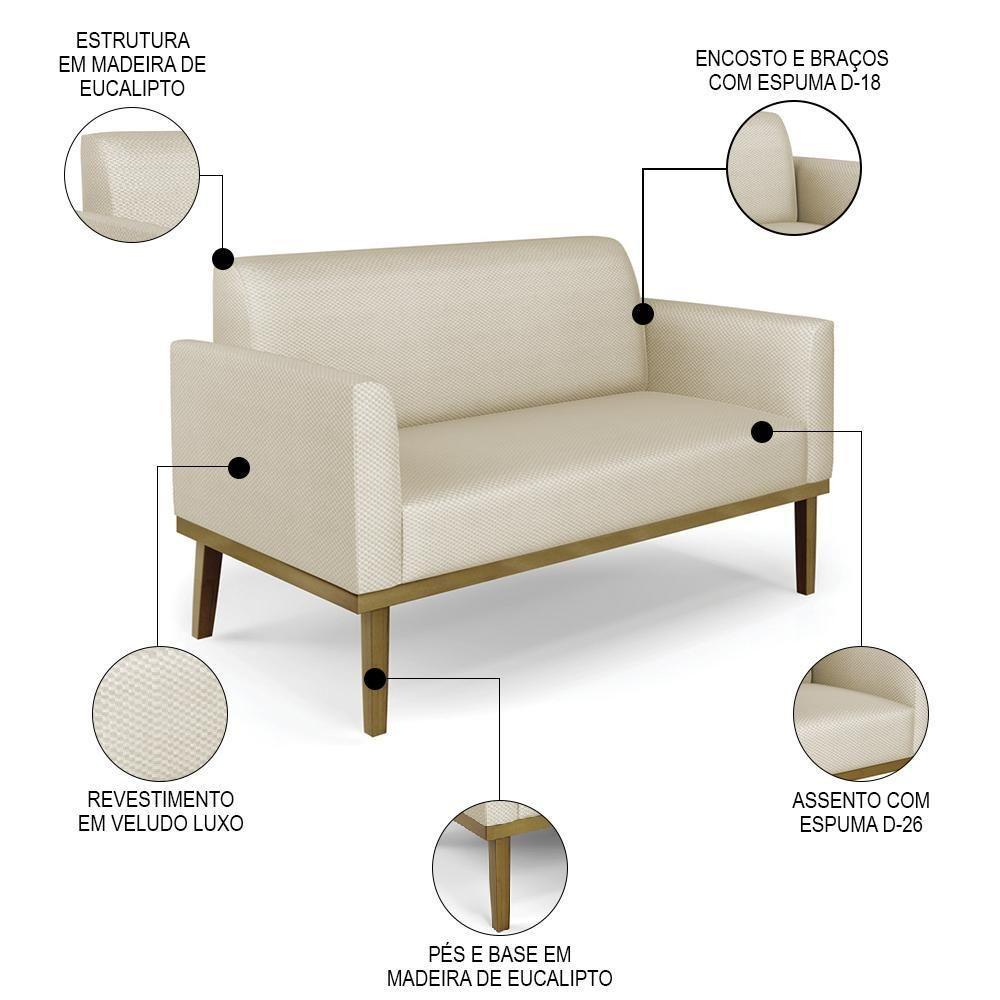 Sofá Namoradeira E 1 Poltrona Base Madeira Castanho Maressa Veludo Luxo Off White - Ibiza - 4