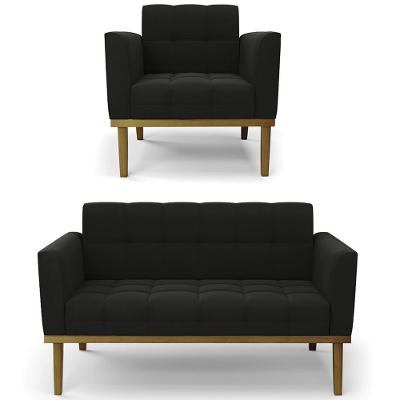 Sofá Namoradeira E 1 Poltrona Base Madeira Castanho Ana Suede Preto - Ibiza