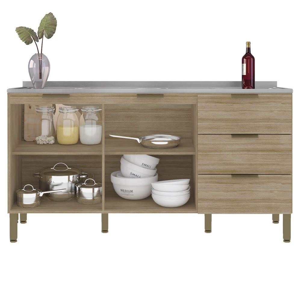 Balcão Gabinete Com Pia Inox 160cm Charm K02 Freijó - Mpozenato - 3