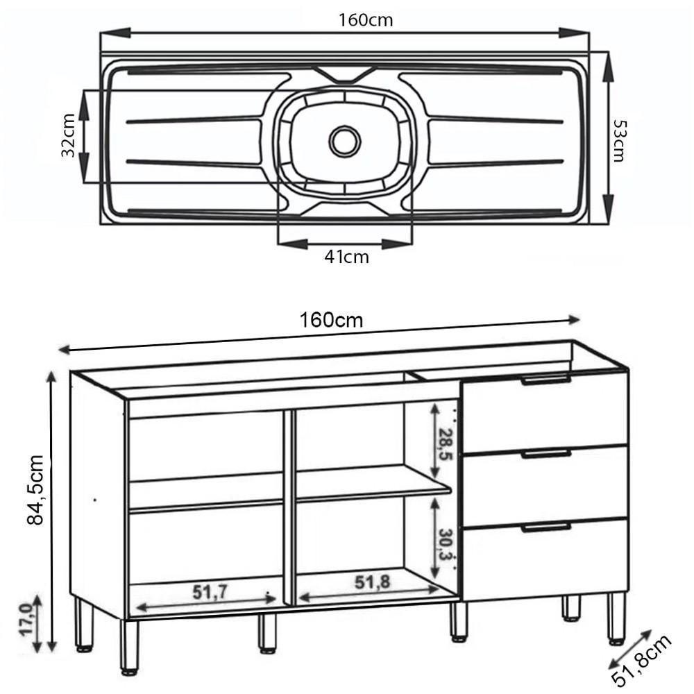 Balcão Gabinete Com Pia Inox 160cm Charm K02 Freijó - Mpozenato - 4