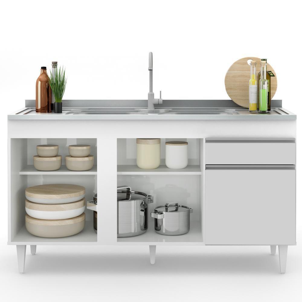 Balcão Gabinete Com Pia Inox 150cm 3 Portas 1 Gaveta Dakota Branco - Lumil - 3