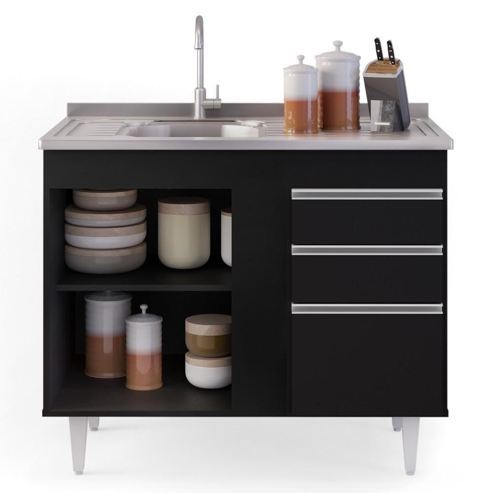 Balcão Gabinete Com Pia Inox 100cm 2 Portas 2 Gavetas Luziania Preto - Lumil - 3
