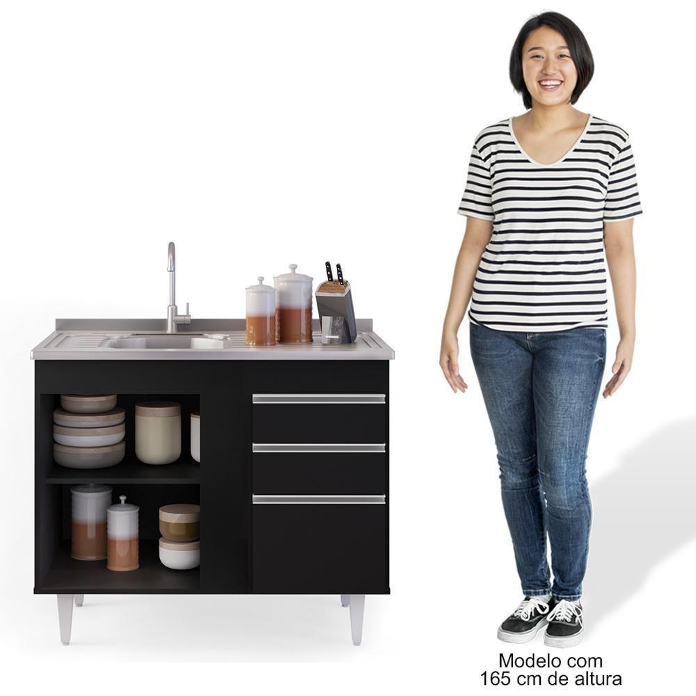 Balcão Gabinete Com Pia Inox 100cm 2 Portas 2 Gavetas Luziania Preto - Lumil - 6