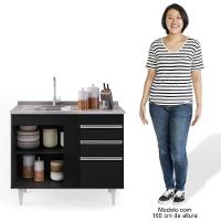 Balcão Gabinete Com Pia Inox 100cm 2 Portas 2 Gavetas Luziania Preto - Lumil - 6