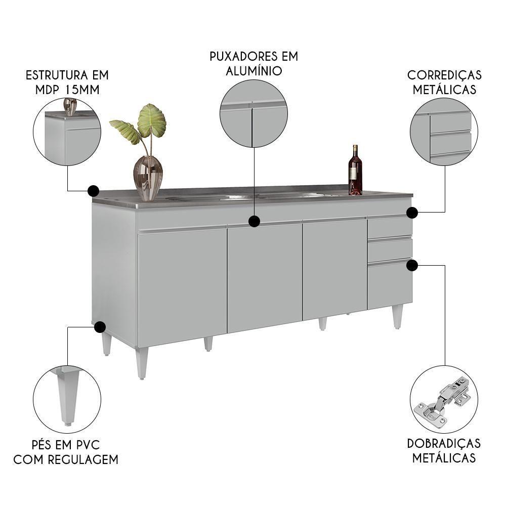 Balcão De Cozinha Com Pia Inox 180cm 4 Portas Dallas Cinza Claro - Lumil - 3