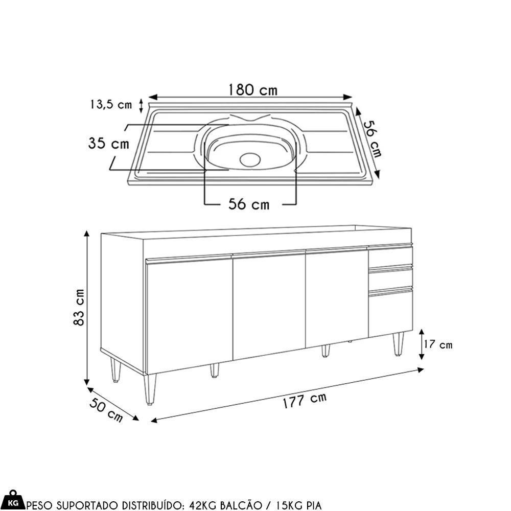 Balcão De Cozinha Com Pia Inox 180cm 4 Portas Dallas Cinza Claro - Lumil - 4