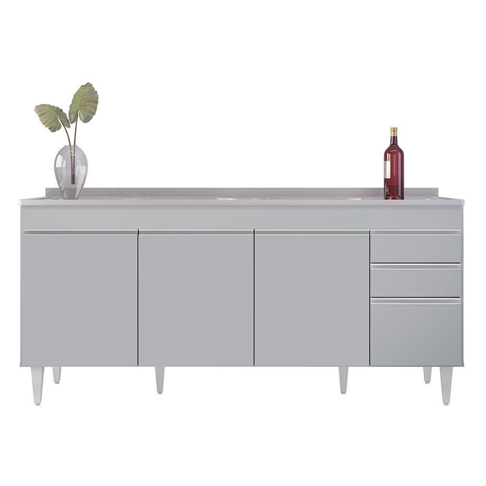 Balcão De Cozinha Com Pia Inox 180cm 4 Portas Dallas Cinza Claro - Lumil - 6