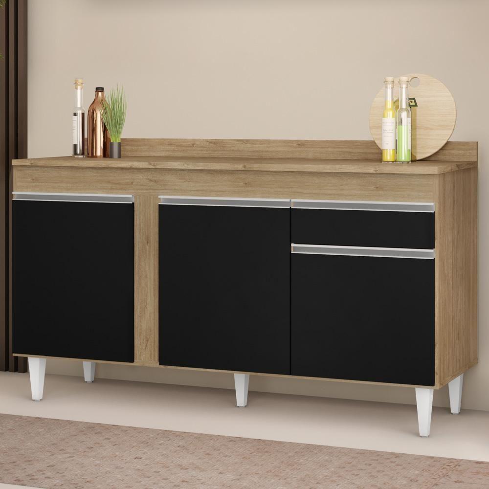 Balcão Gabinete Para Pia Com Tampo 150cm 3 Portas 1 Gaveta Dakota Castanho-preto - Lumil - 2