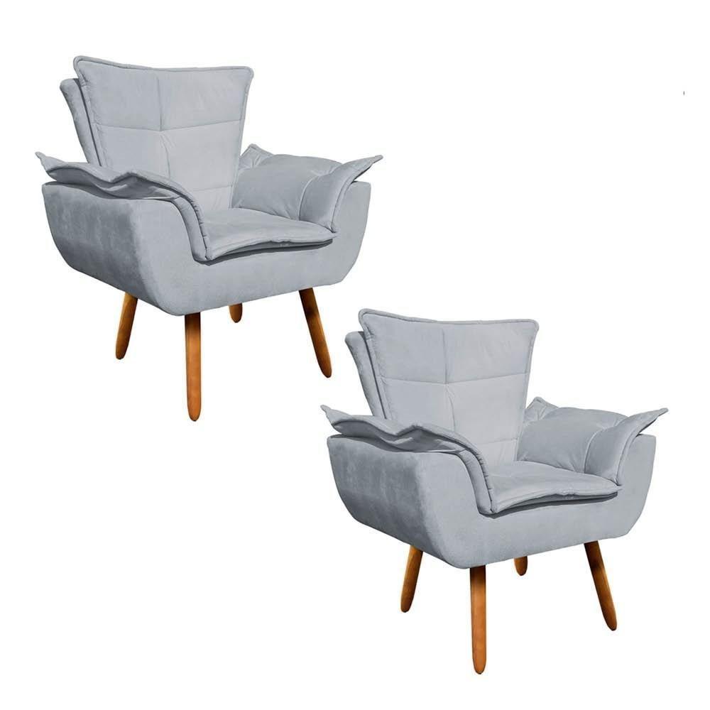 Kit 2 Poltronas Decorativas Sala De Estar Pés Palito Opla Suede Cinza - Ibiza - 1