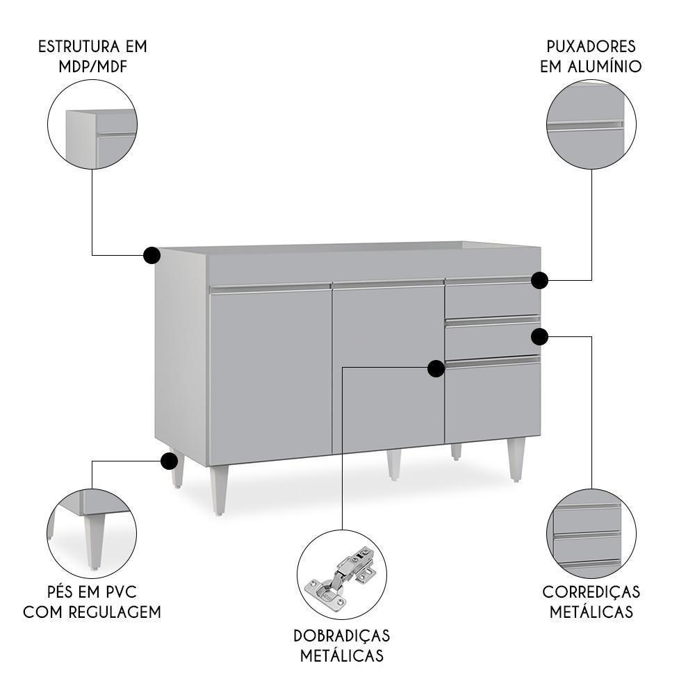 Balcão De Cozinha Para Pia 120cm 3 Portas Sem Tampo Michigan Cinza Claro - Lumil - 3