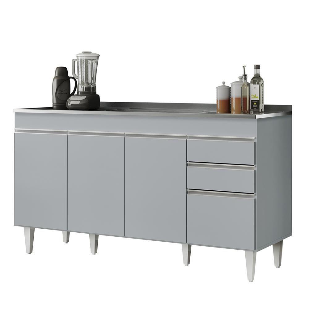 Balcão De Cozinha Com Pia Inox 150cm 4 Portas Marrocos Cinza Claro - Lumil - 1