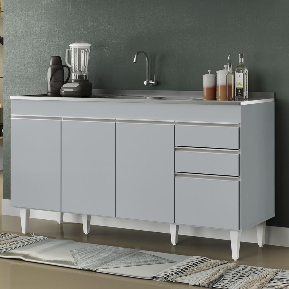 Balcão De Cozinha Com Pia Inox 150cm 4 Portas Marrocos Cinza Claro - Lumil - 2