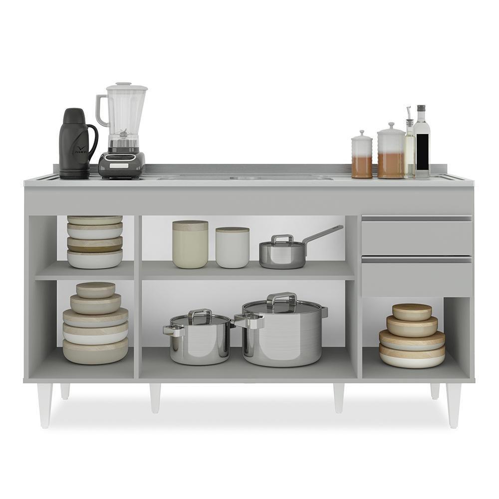 Balcão De Cozinha Com Pia Inox 150cm 4 Portas Marrocos Cinza Claro - Lumil - 3